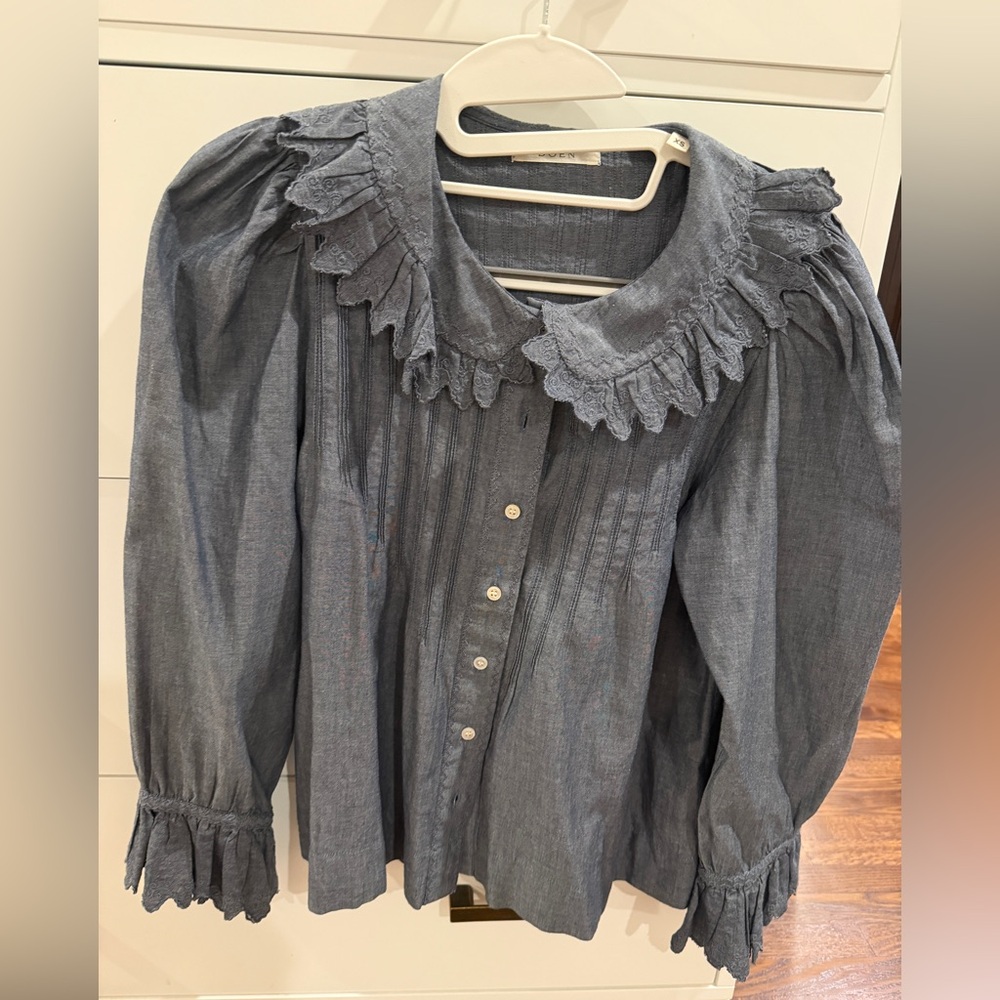Doen Blue Ruffled Hickory Blouse